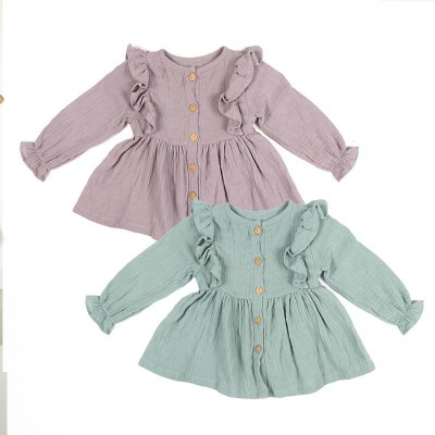 New Style Kids Dresses Solid Color Organic Cotton Long Sleeve Muslin Cotton Autumn Casual Baby Girls Dresses